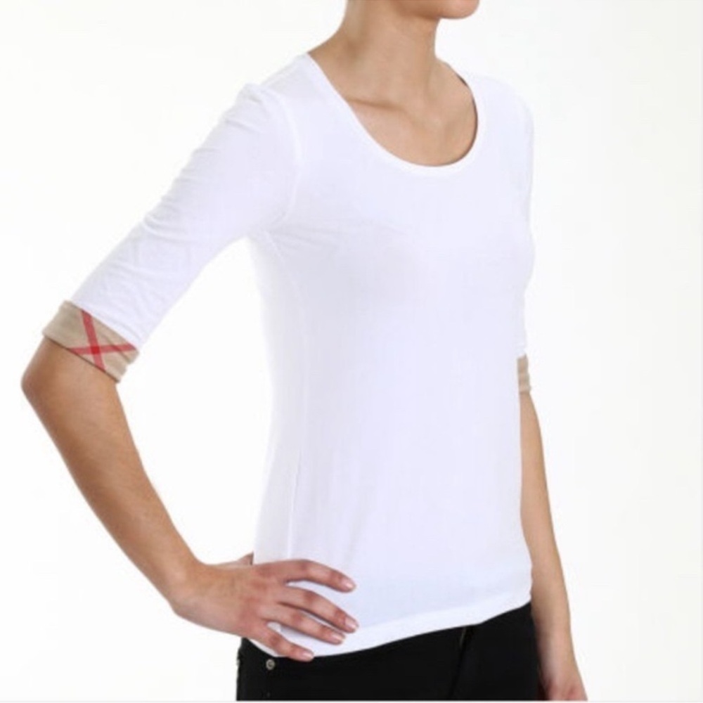 BURBERRY BRIT WHITE WOMENS T SHIRT 3/4 SLEEVES WITH LOGO CUFFS SIZE SMALL